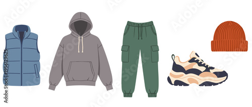 Various casual clothing items for men and women are displayed, featuring a puffer vest, hoodie, cargo pants, chunky sneakers, and a knit beanie.
