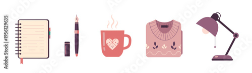 Cozy work from home essentials collection featuring a notebook, fountain pen, steaming mug, folded sweater, and adjustable desk lamp for comfortable productivity.