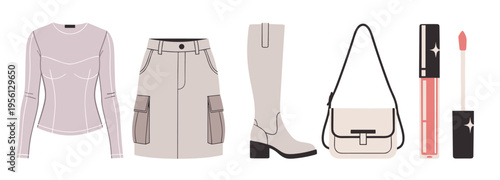 Fashion accessories and makeup essentials presented in a stylish flat lay arrangement, showcasing modern clothing, footwear, handbag, and lip gloss.