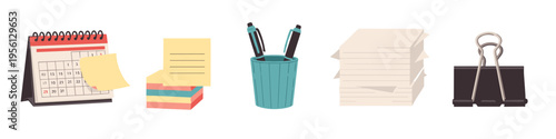 Various office stationery items arranged neatly for productivity and organization, representing essential tools for work and planning.