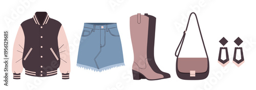 Stylish women's fashion accessories and clothing items are arranged together, showcasing a trendy outfit combination with a varsity jacket, denim skirt, boots, bag, and earrings.