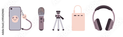Content creation tools including a smartphone, microphone, tripod, power bank, and headphones are neatly arranged for digital communication.