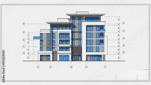 Detailed architectural illustration of a modern building showcasing its exterior design and blue windows in a technical drawing.