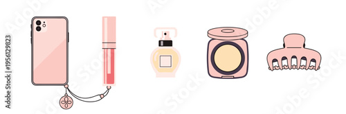 Collection of essential beauty and personal accessories, including a smartphone, lip gloss, perfume, compact, and hair clip
