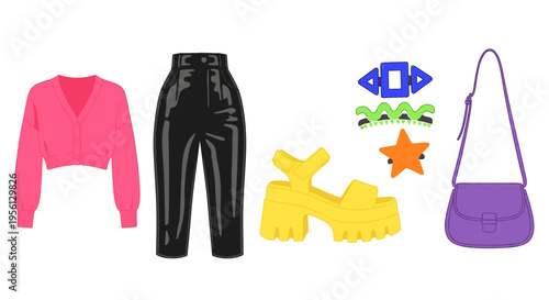 Stylish collection of trendy clothing and accessories, including a pink cardigan, black pants, yellow sandals, and a purple bag, displayed with colorful accents.