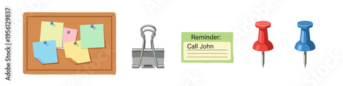 Various office stationery items are neatly arranged, featuring a cork board with colorful sticky notes, a binder clip, and pushpins.
