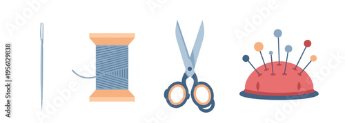 Essential sewing tools and supplies for various tailoring and crafting projects, featuring a needle, spool of thread, scissors, and a pincushion.