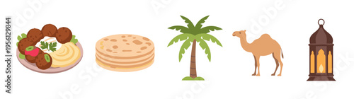 Traditional Middle Eastern symbols and food items are depicted in a charming flat design style, showcasing cultural heritage and delicious cuisine.