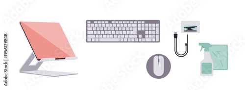 Various computer peripherals and cleaning supplies are neatly arranged, showcasing essential tools for a productive and hygienic workspace setup.