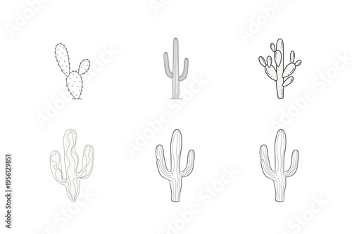 Cactus Line Drawings with Various Shapes and Sizes