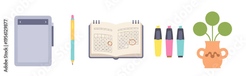 Office supplies and planning tools including a tablet, pencil, calendar, highlighters, and a potted plant for productivity and organization.