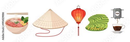 Traditional Vietnamese cultural symbols and iconic elements are beautifully illustrated in a vibrant collection, showcasing the country's rich heritage.