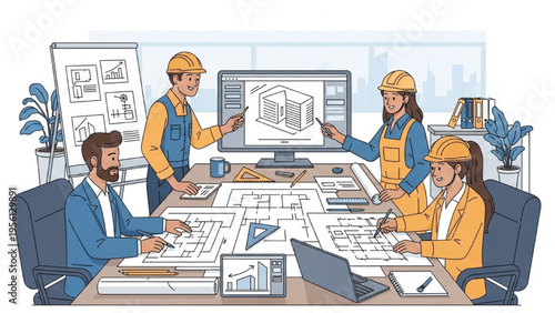 Engineers and architects collaborate on construction project plans at office desk with computer and blueprints
