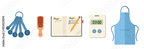 Various kitchen cooking and baking essentials including measuring spoons, a recipe book with a pencil, a digital timer, and a blue apron, presented in a clean illustration.