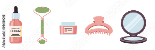 Skincare serum bottle, jade roller, cream jar, hair clip, and compact mirror are essential beauty and self-care items for a daily routine.