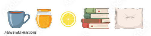 Essential items for a comfortable and relaxing time, featuring a hot beverage in a mug, a jar of honey, a fresh lemon slice, a stack of books, and a soft pillow.