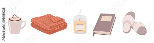 Cozy home comfort items like a steaming mug, knitted blanket, burning candle, book, and soft slippers create a relaxing atmosphere.