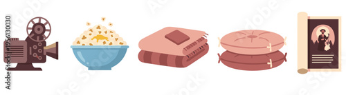 Various movie night essentials including a vintage projector, a bowl of popcorn, a soft blanket, and comfortable pillows, perfect for a relaxing evening.