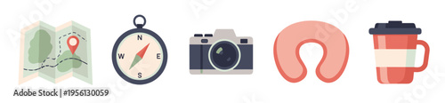 Travel essentials icons set for adventure and exploration, featuring a map, compass, camera, neck pillow, and travel mug, representing a journey.