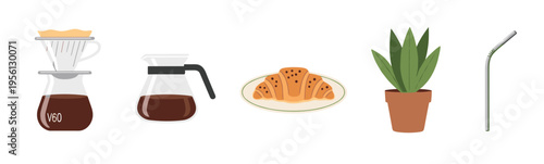 Coffee, croissant, plant, and reusable straw are essential elements for a mindful and eco-friendly daily routine, promoting sustainability and healthy habits.