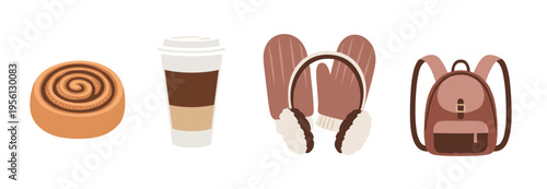 Autumn and winter essentials collection featuring a cinnamon roll, coffee cup, earmuffs, mittens, and a backpack in a flat design style.