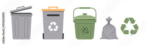 Various waste management containers and recycling symbol illustration depicting different types of bins for sorting garbage and promoting environmental sustainability.