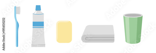 Personal hygiene items including toothbrush, toothpaste, soap, towel, and cup are neatly arranged in a clean, minimalist illustration, representing daily self-care routines and bathroom essentials.