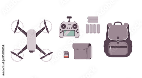 Drone equipment and accessories including a quadcopter, remote control, batteries, memory card, and backpack for aerial photography and videography.