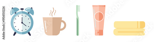 Morning routine items including an alarm clock, steaming coffee mug, toothbrush, toothpaste, and neatly folded towels for daily hygiene.