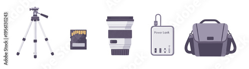 Photography equipment accessories are neatly arranged for creative visual projects, including a tripod, lens, memory card, power bank, and camera bag.
