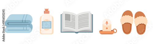 Cozy home comfort items including soft towels, a soothing lotion bottle, an open book, a lit candle, and warm slippers for a relaxing evening.