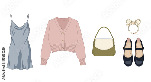 Stylish women's clothing accessories ensemble for modern fashion featuring a slip dress, cropped cardigan, shoulder bag, Mary Jane shoes, and pearl bracelet.