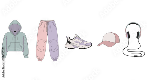 Casual streetwear apparel and accessories collection featuring a comfortable hoodie, stylish sweatpants, modern sneakers, a trendy cap, and over-ear headphones.