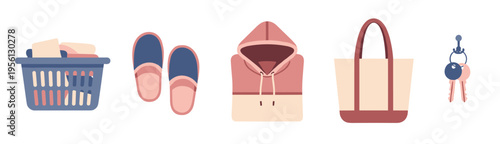 Everyday household items and personal accessories are neatly arranged in a flat illustration style, showcasing a laundry basket, slippers, hoodie, tote bag, and keys.
