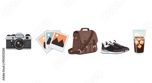Essential items for a creative journey, featuring a classic camera, instant prints, a stylish satchel, comfortable sneakers, and a refreshing iced coffee.