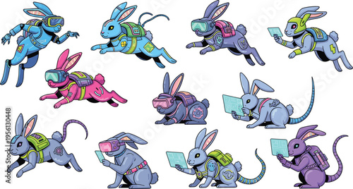 Futuristic Rabbit Character Vector Set Featuring Cyberpunk Bunnies with VR Headsets Gadgets Tech Accessories Cartoon Animal Mascots for Sci Fi Design Flat Illustration Collection