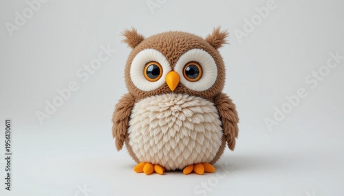 Cute Plush Owl Standing Upright on a Plain Background With Bright Eyes and Detailed Fur Texture