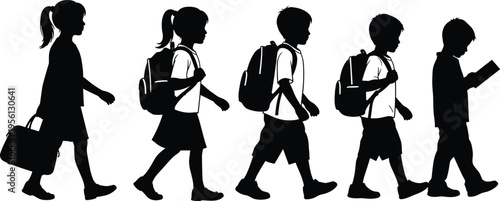 Children walking silhouettes, school routine, backpacks, education illustration, student life, black and white artwork, daily journey, childhood design
