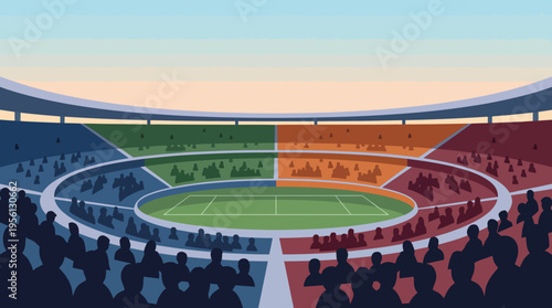 Colorful tennis stadium filled with enthusiastic crowd during sunset