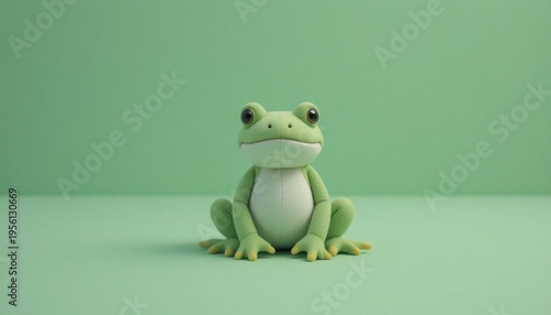 Green Frog Toy Sits Calmly on a Soft Mint Green Background With a Friendly Expression
