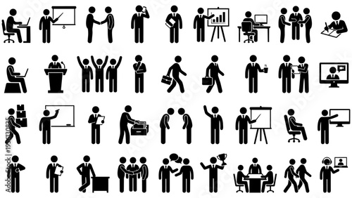 Business people pictogram icon set featuring meetings, handshakes, presentations, and teamwork. Ideal for corporate websites, infographics, and business presentations. Multiple col