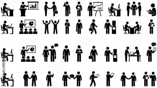 Business people pictogram icon set featuring meetings, handshakes, presentations, and teamwork. Ideal for corporate websites, infographics, and business presentations. Multiple col