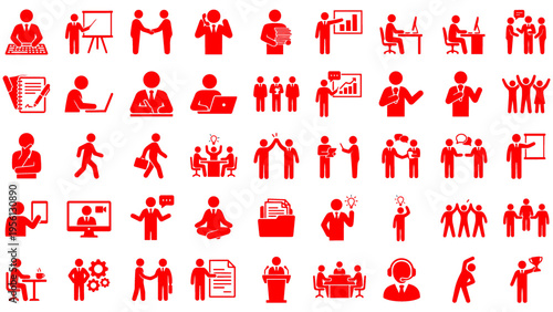 Business people pictogram icon set featuring meetings, handshakes, presentations, and teamwork. Ideal for corporate websites, infographics, and business presentations. Multiple col
