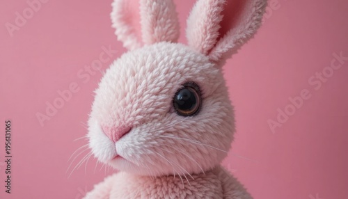 Soft Pink Bunny Toy With Large Eyes Against a Plain Pink Background Adds a Playful Touch to Any Setting