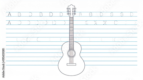 Wooden guitar spelling and tracing worksheet for kids with missing letters educational outline vector school practice activity page
