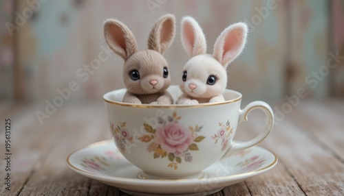Sweet Bunnies Sitting Inside a Delicate Teacup on a Rustic Wooden Table With a Faded Background
