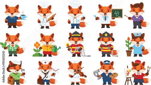Fox Profession Character Vector Set Featuring Doctor Chef Teacher Firefighter Artist Musician Cartoon Animal Mascots for Kids Career Education Flat Illustration Collection