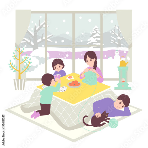 季節のファミリーイラスト（2月）寒い雪の日にこたつでくつろぐ家族