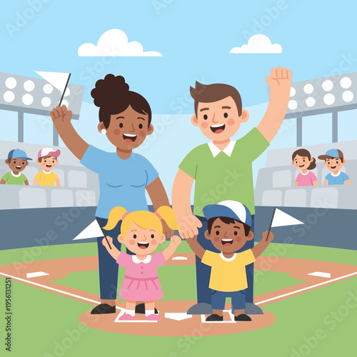 Family having fun at a baseball game with kids