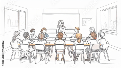 Happy students collaborating with teacher at classroom table in a lively educational group study and creative learning environment